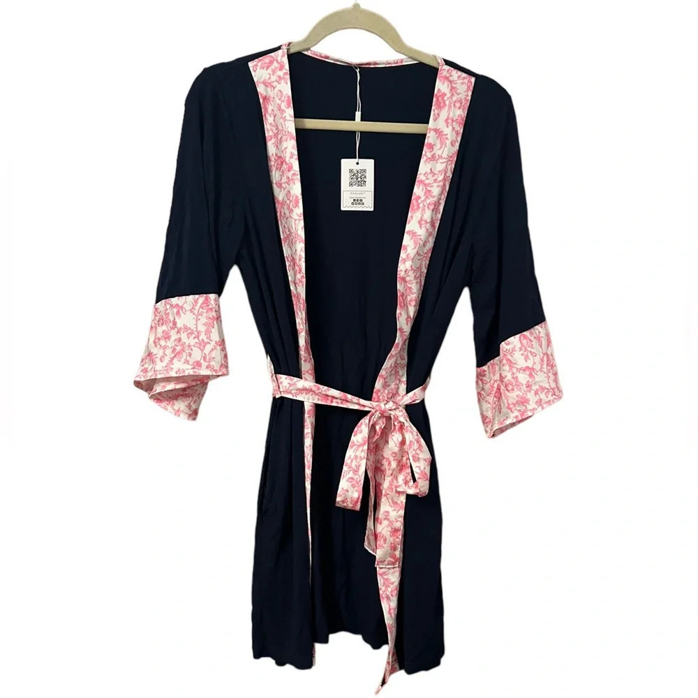 NWT EKOUAER NAVY BLUE FLORAL JERSEY KNIT ROBE